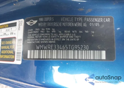 2005 Mini Cooper S z USA, uszkodzony, nr VIN WMWRE33465TG95230